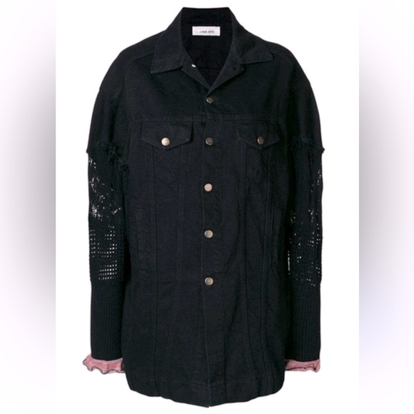 NWOT CIRCUS HOTEL Oversized Denim Jacket Crochet Sleeves in Black Size XS - Picture 1 of 16